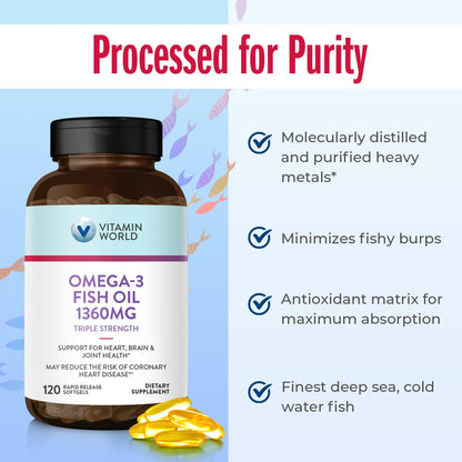 Vitamin World Triple Strength Omega-3 Fish Oil 1360 mg | EPA/DHA 950 mg | 120 Softgels