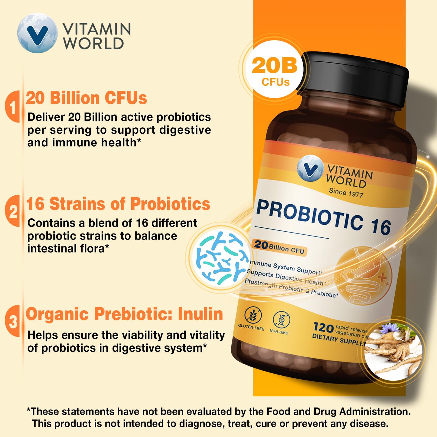 Vitamin World Probiotic 16 – 20B CFU, 16 Strains, Prebiotic Fiber