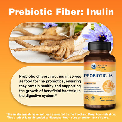 Vitamin World Probiotic 16 – 20B CFU, 16 Strains, Prebiotic Fiber
