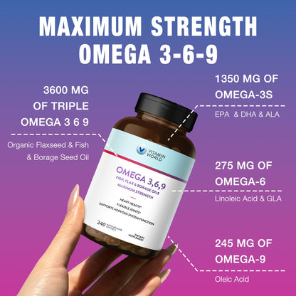 Vitamin World Triple Omega 3-6-9 3600mg with EPA & DHA – 240 Softgels, Gluten Free