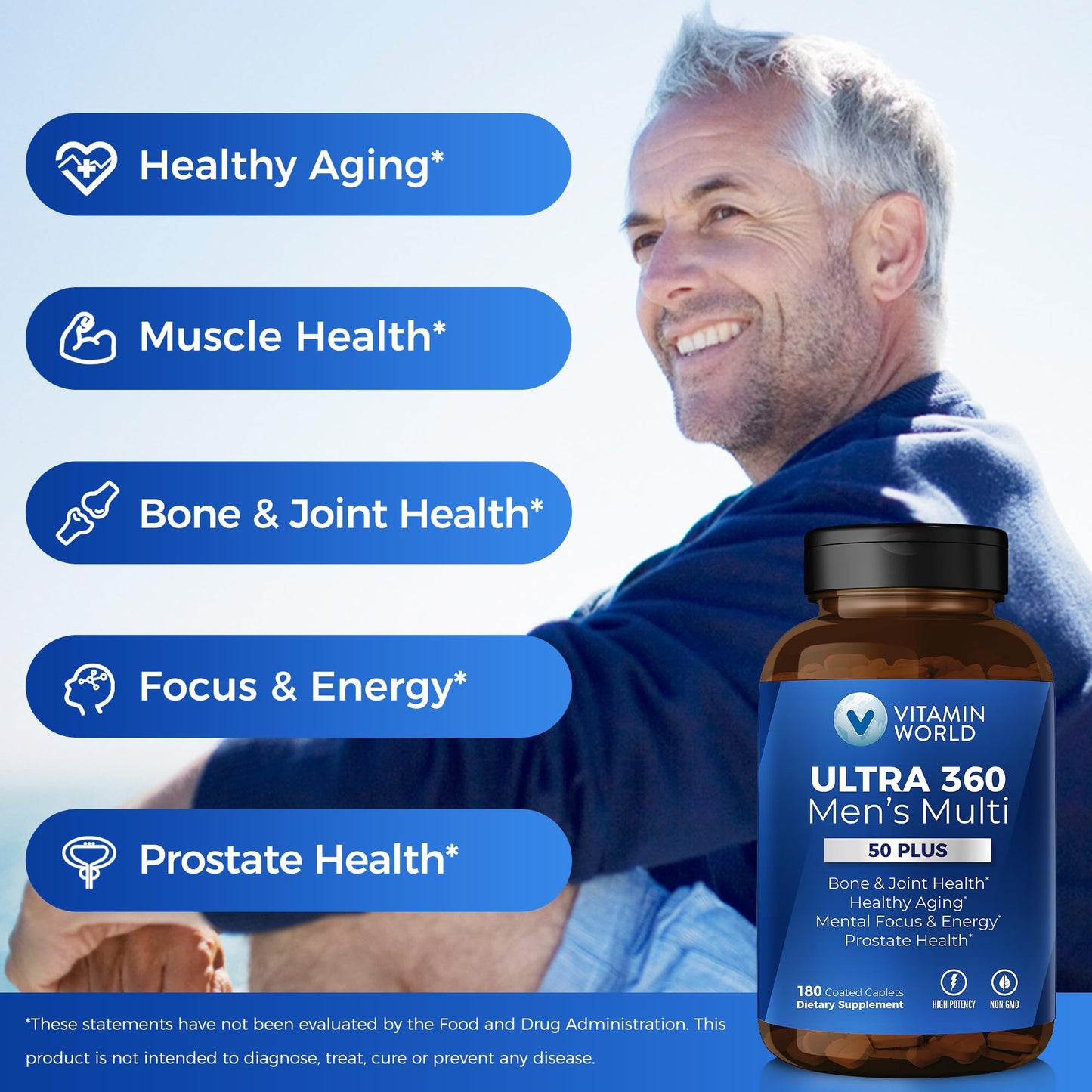 Vitamin World Ultra 360 Men 50+ Multivitamin – 180 Caplets | Prostate Support & Healthy Aging