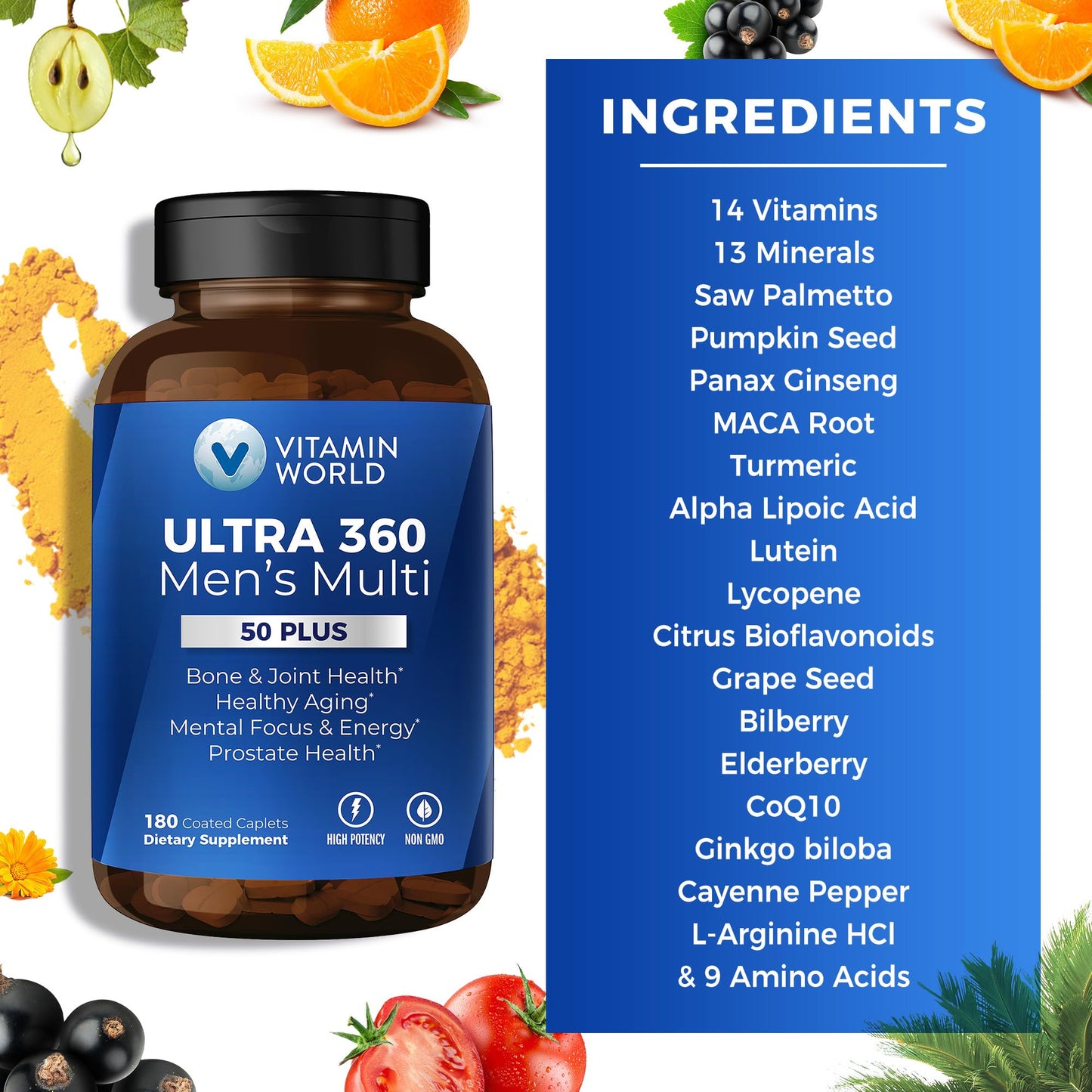 Vitamin World Ultra 360 Men 50+ Multivitamin – 180 Caplets | Prostate Support & Healthy Aging