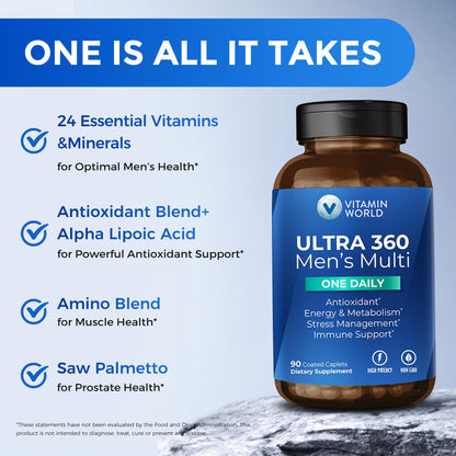 Vitamin World Ultra 360 Men’s Multivitamin One Daily — Immune Support, Energy & Prostate Health, 90 Caplets