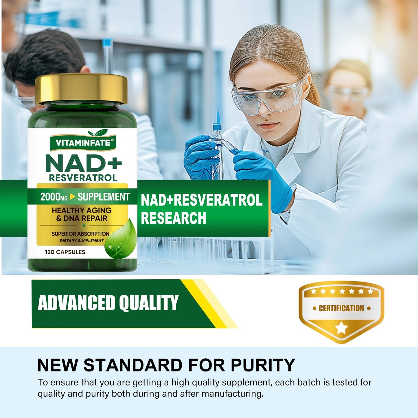 VITAMINFATE NAD+ Supplement 2000 mg – 120 Capsules | NAD+ + Resveratrol
