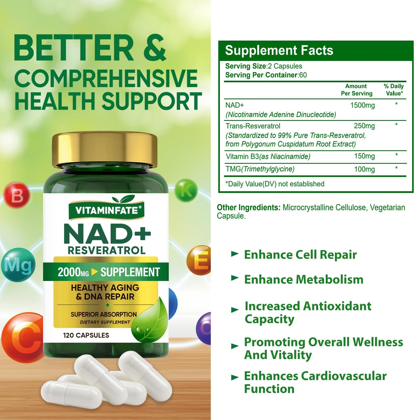 VITAMINFATE NAD+ Supplement 2000 mg – 120 Capsules | NAD+ + Resveratrol