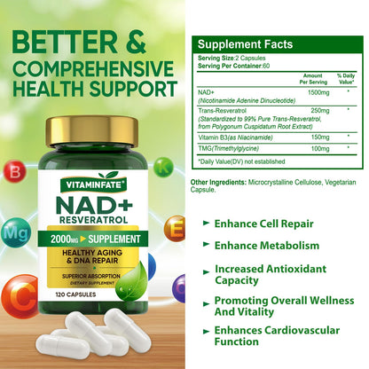 VITAMINFATE NAD+ Supplement 2000 mg – 120 Capsules | NAD+ + Resveratrol
