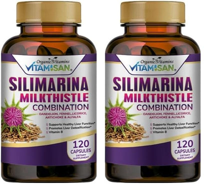 VITAMISAN Milk Thistle Silimarina Detox Formula with Dandelion, Fennel & Artichoke – 240 Capsules (Pack of 2)