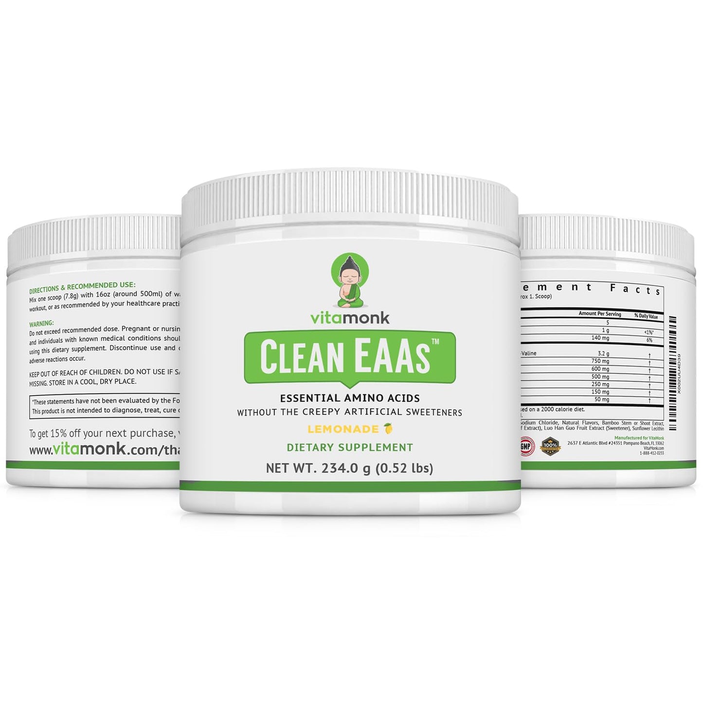 VitaMonk Clean EAA - EAAs with No Artificial Sweeteners for Pre-Workout, Energy and Recovery - Max Bioavailable EAA Powder with 9 Essential Amino Acids - Natural Lemonade Flavor