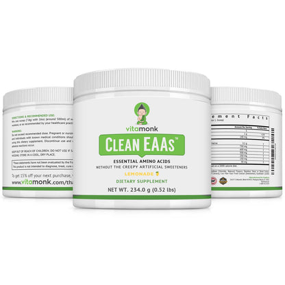 VitaMonk Clean EAA - EAAs with No Artificial Sweeteners for Pre-Workout, Energy and Recovery - Max Bioavailable EAA Powder with 9 Essential Amino Acids - Natural Lemonade Flavor