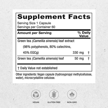 Vitanica Green Tea Extract 330mg – 45% EGCG, 80% Catechins, 98% Polyphenols | Vegan, 60 Capsules