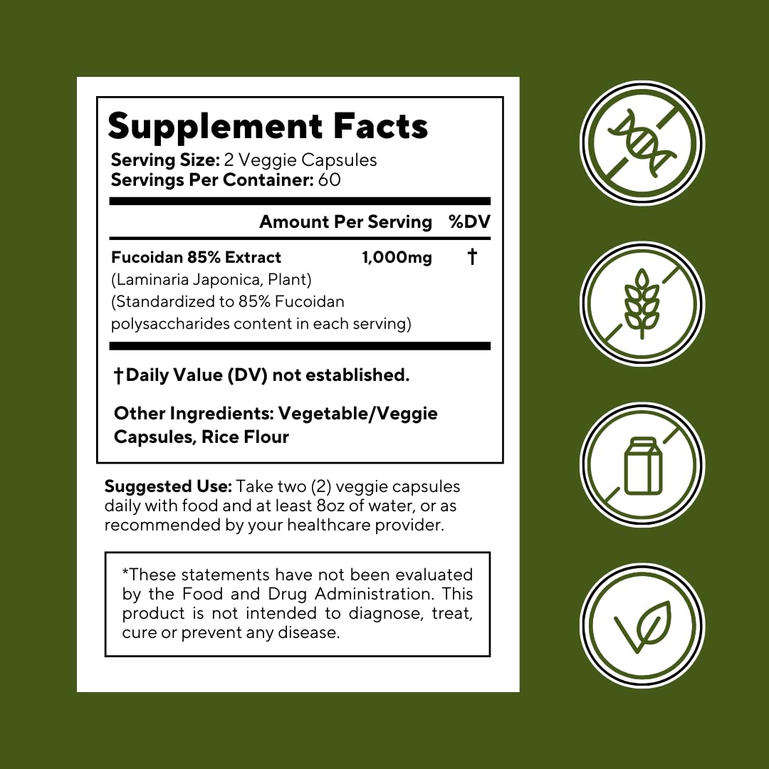 Vitapia Fucoidan 85% - 1000mg Per Serving | 120 Veggie Capsules | Immune & Digestive Support