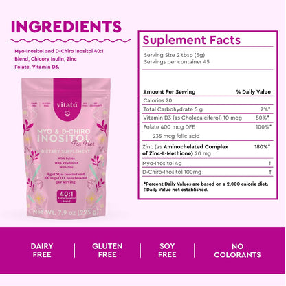 Vitatú Myo Inositol (4g) & D-Chiro Inositol (1g) 40:1 | 225 g, 45 Days | Folic Acid, Vitamin D3, Zinc