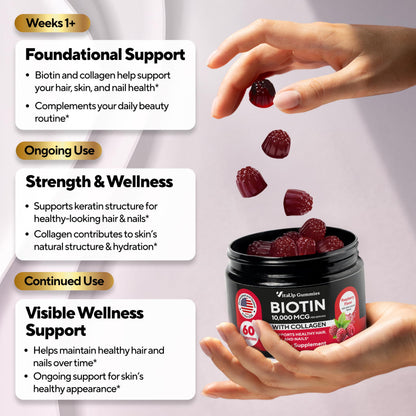 VitaUp Biotin Gummies 10000mcg – Extra Strength Hair, Skin & Nails with Collagen (60 ct)