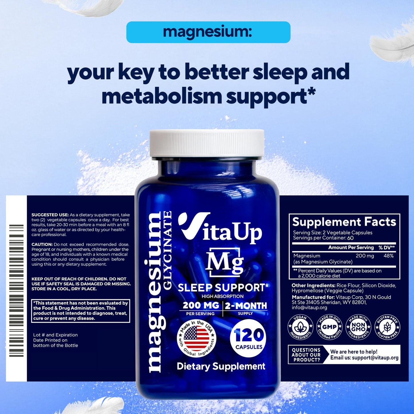 VitaUp Magnesium Glycinate 200mg - USA Made, High-Absorption for Sleep & Heart