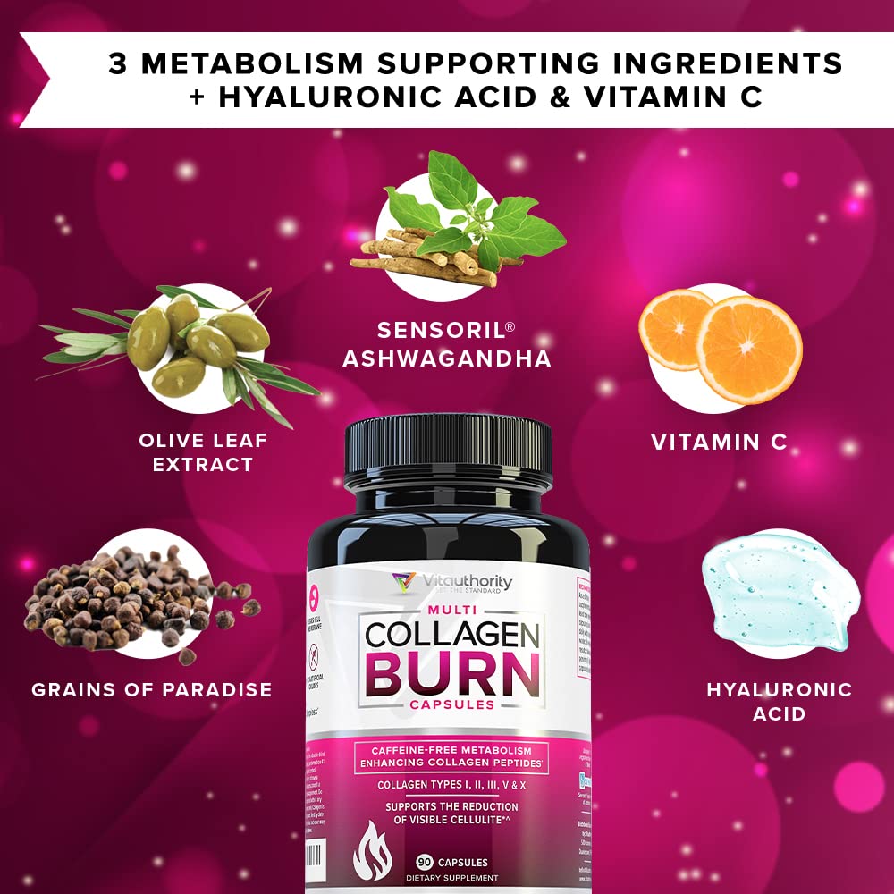 Vitauthority Multi Collagen Burn – 5 Types, Hyaluronic Acid, Vitamin C | Caffeine-Free Capsules
