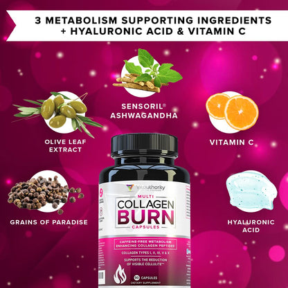 Vitauthority Multi Collagen Burn – 5 Types, Hyaluronic Acid, Vitamin C | Caffeine-Free Capsules