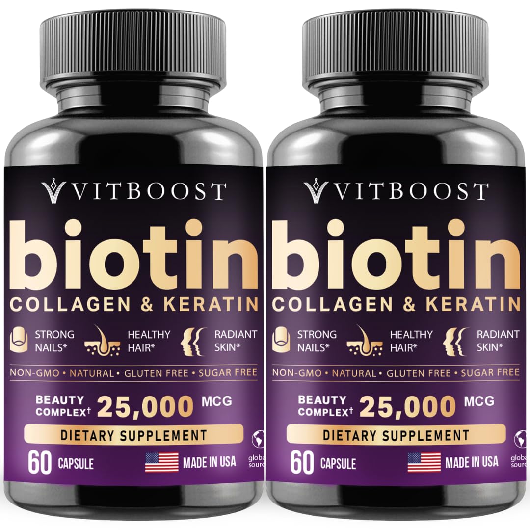 Vitboost Biotin with Hyaluronic Acid, Collagen & Keratin – 25000 mcg Hair Growth Vitamins for Men & Women – 120 Capsules – USA Made
