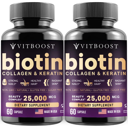 Vitboost Biotin with Hyaluronic Acid, Collagen & Keratin – 25000 mcg Hair Growth Vitamins for Men & Women – 120 Capsules – USA Made