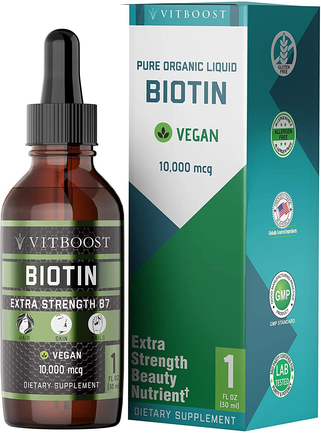 VITBOOST Extra Strength Biotin Liquid Drops 10,000mcg | Vegan Berry Flavor, 60 Servings