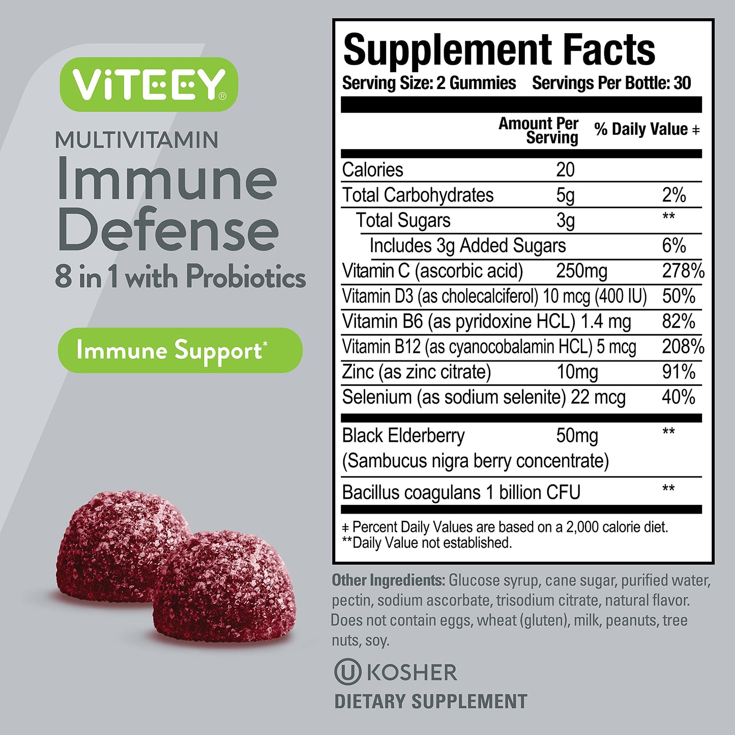 Viteey Multivitamin Gummies 8 in 1 Immune Support with Probiotics – Vegetarian, Gelatin Free, Non-GMO | 120 Gummies