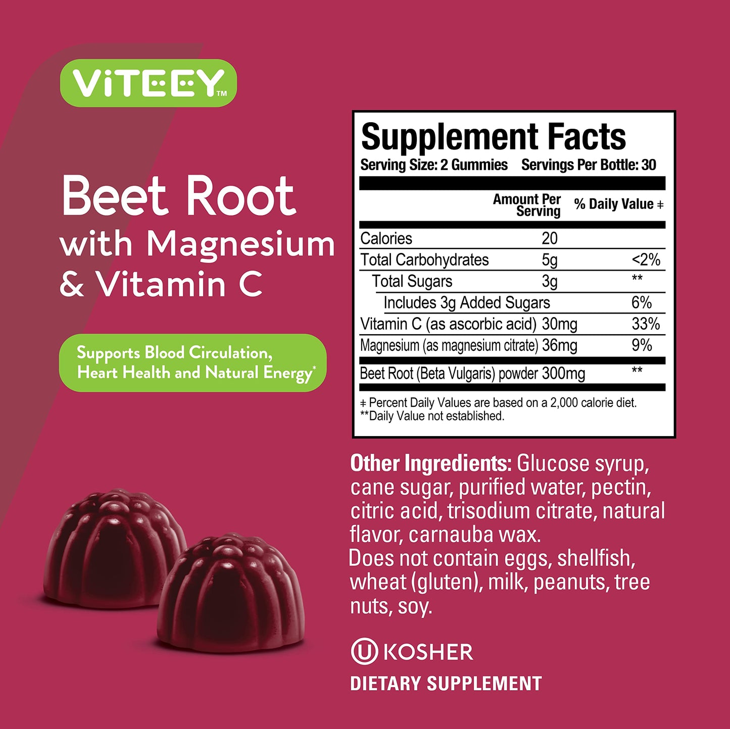 Viteey Beet Root Gummies with Magnesium & Vitamin C - Beetroot Supplement for Heart Health & Blood Pressure Support - Vegan, Gluten-Free - 60 Count