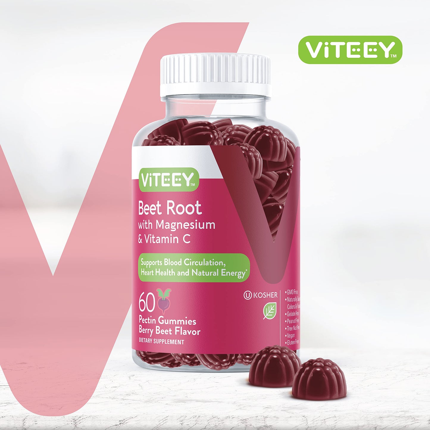 Viteey Beet Root Gummies with Magnesium & Vitamin C - Beetroot Supplement for Heart Health & Blood Pressure Support - Vegan, Gluten-Free - 60 Count