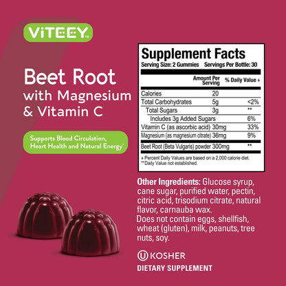 Viteey Beet Root Gummies with Magnesium & Vitamin C – 120 Count