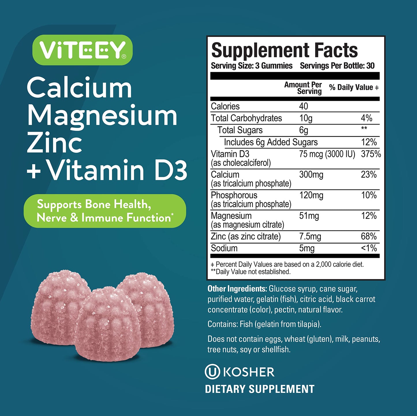 Viteey Calcium Magnesium Zinc Gummies with Vitamin D3 - Bone, Nerve & Immune Support