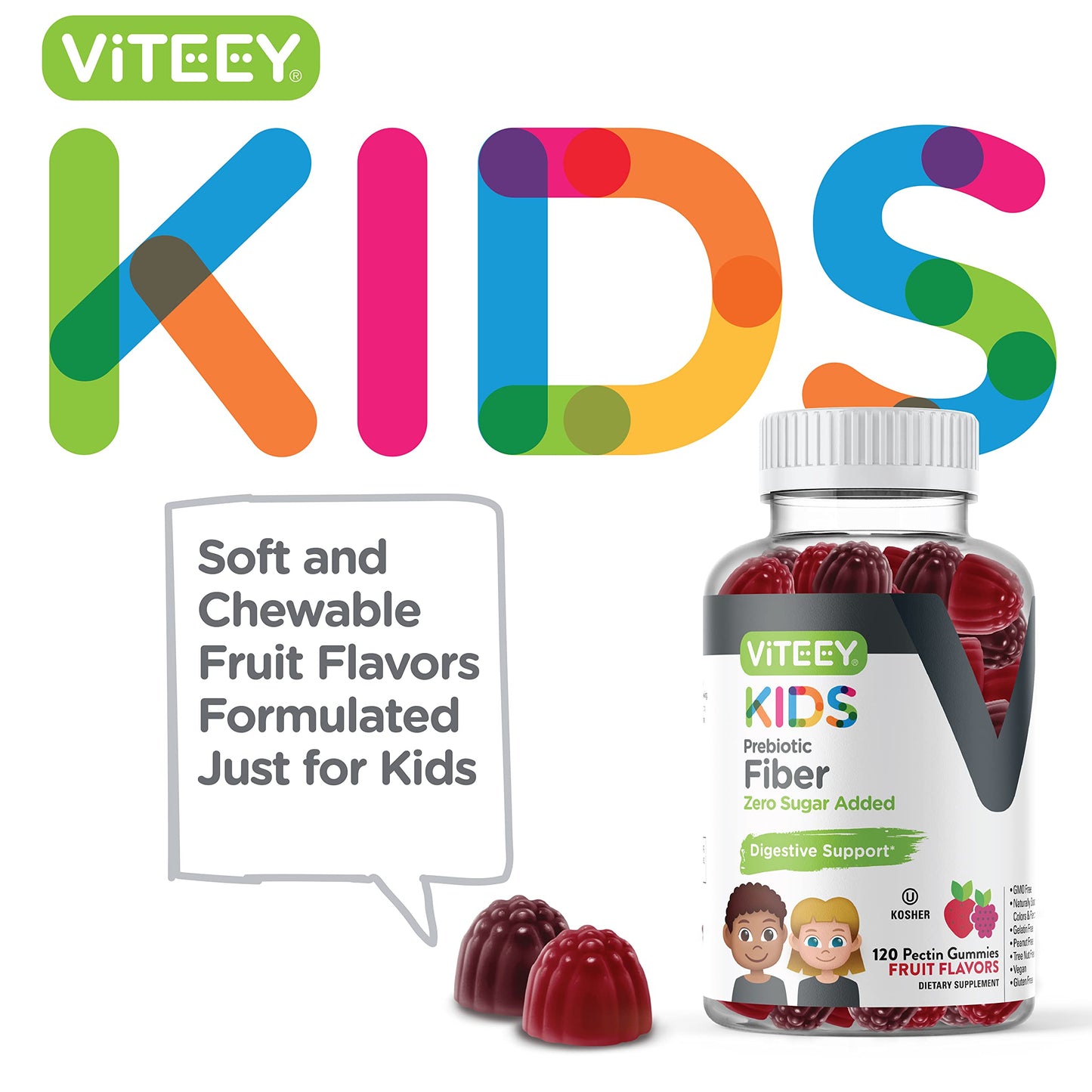 Viteey Prebiotic Kids Fiber Gummies – 4g Fiber, Digestive Health, Vegan & Gluten Free