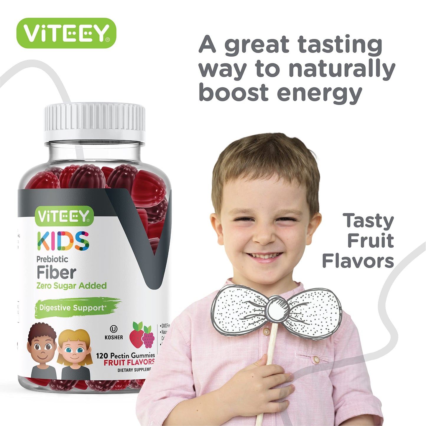 Viteey Prebiotic Kids Fiber Gummies – 4g Fiber, Digestive Health, Vegan & Gluten Free