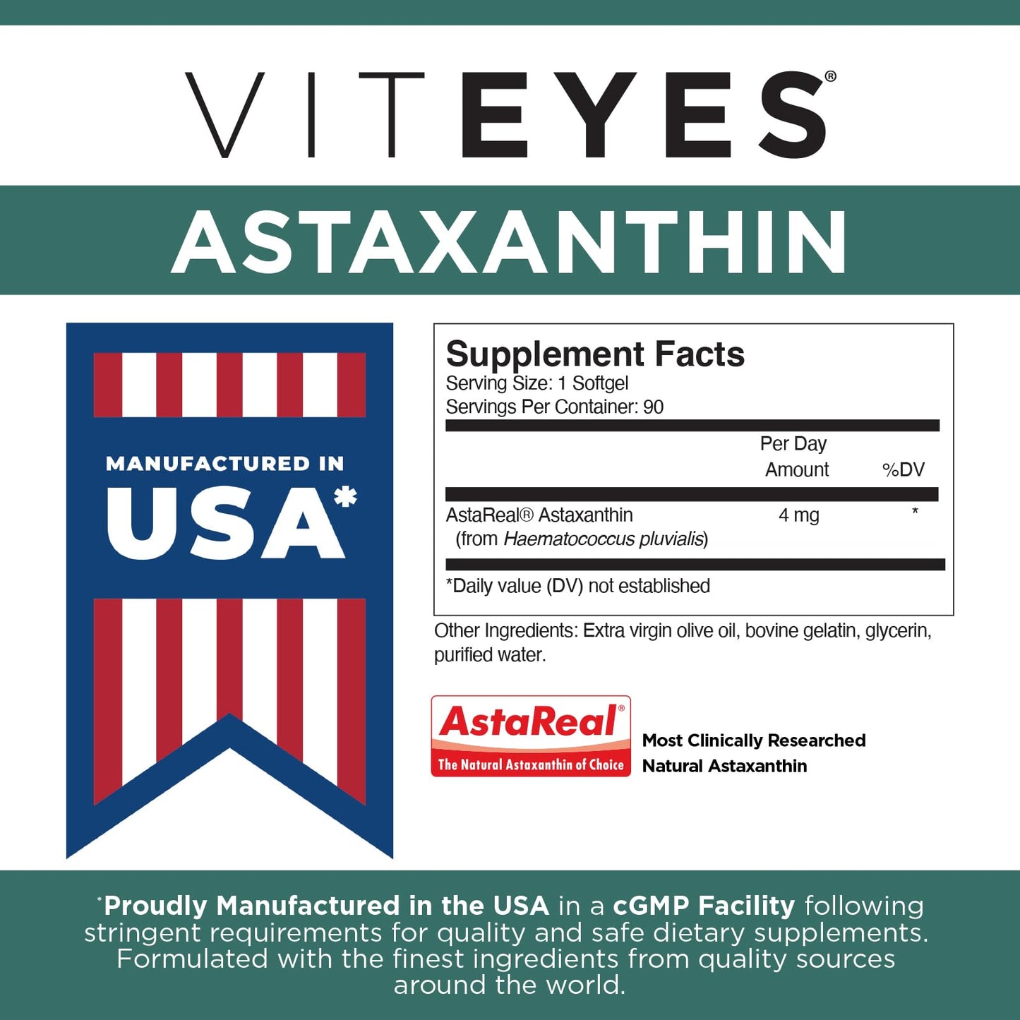 Viteyes Natural Astaxanthin — Relieve Tired Eyes & Eye Strain | Algae-Sourced, 4–8 mg, 90 Softgels