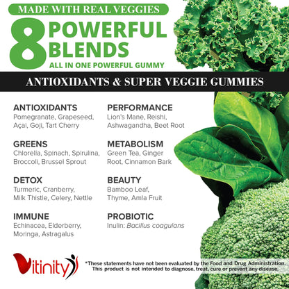 VITINITY Super Greens Multivitamin Gummies | Made with 30 Real Superfood Veggies, Herbs, Fruit for Adults & Kids to Boost Immunity, Skin & Gut Health | Non-GMO, Gluten-Free & Sugar-Free 60-Day Supply