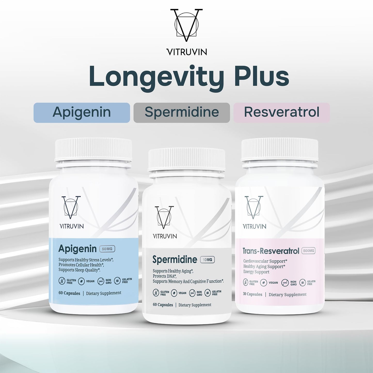 VITRUVIN Longevity Plus - Spermidine 2x10mg, Apigenin 2x50mg, Resveratrol 500mg + Piperine 5mg | Vegan, Non-GMO, Gluten-Free, Gelatin-Free