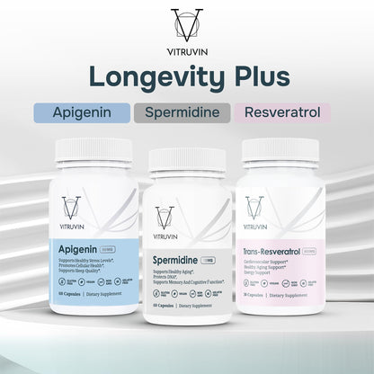VITRUVIN Longevity Plus - Spermidine 2x10mg, Apigenin 2x50mg, Resveratrol 500mg + Piperine 5mg | Vegan, Non-GMO, Gluten-Free, Gelatin-Free