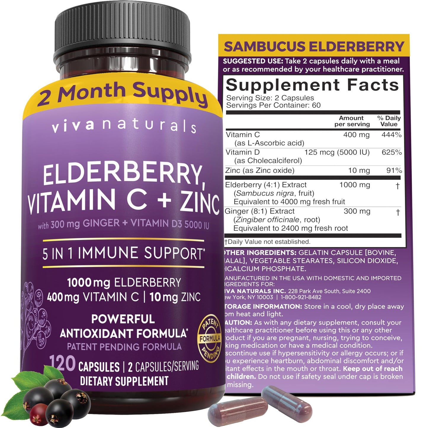 Viva Naturals Elderberry 5-in-1 Immunity Supplement - Vitamin C, D3 & Zinc