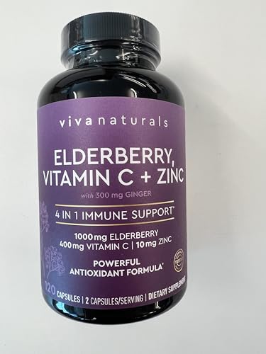 Viva Naturals Elderberry with Vitamin C and Zinc (120 Capsules) - 1000mg Sambucus Elderberry Immune Support Supplement, Black Elderberry Capsules for Adults - 2 Months Supply