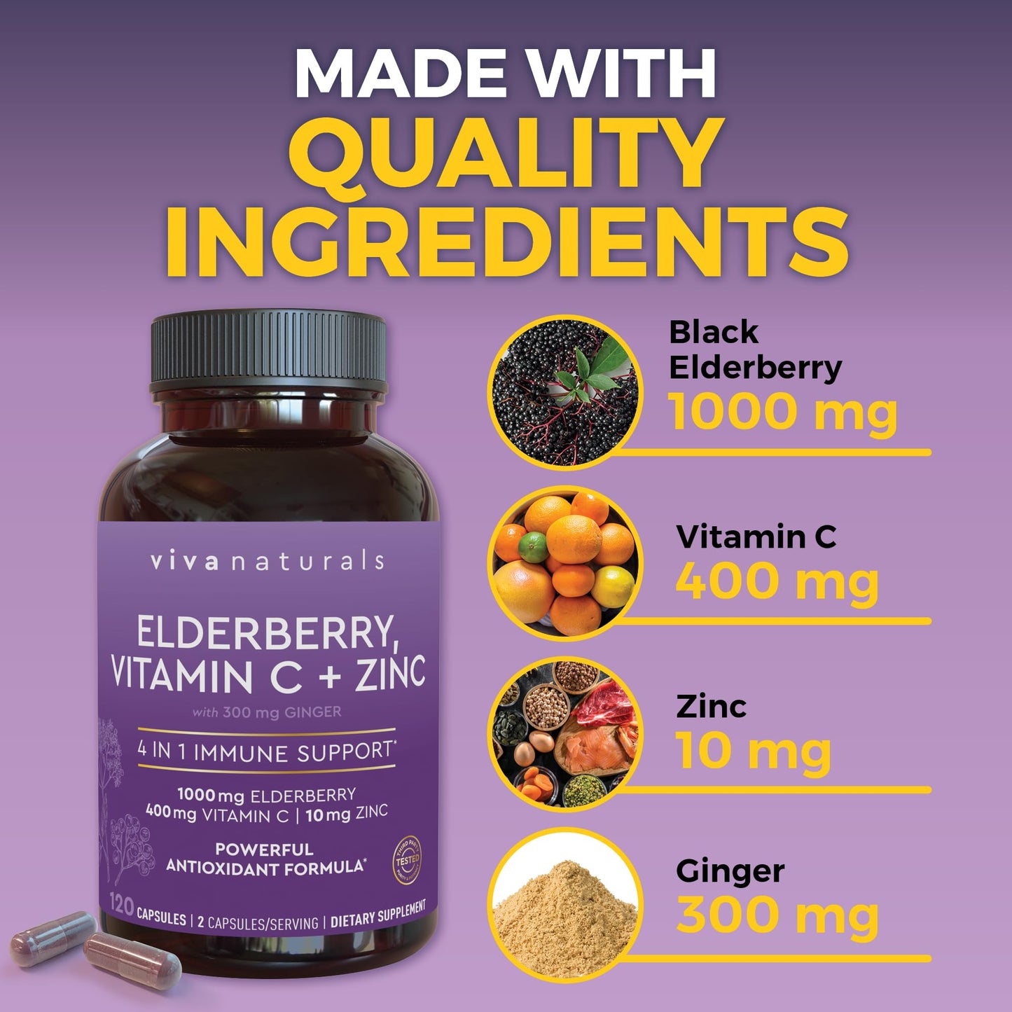 Viva Naturals Elderberry with Vitamin C and Zinc (120 Capsules) - 1000mg Sambucus Elderberry Immune Support Supplement, Black Elderberry Capsules for Adults - 2 Months Supply