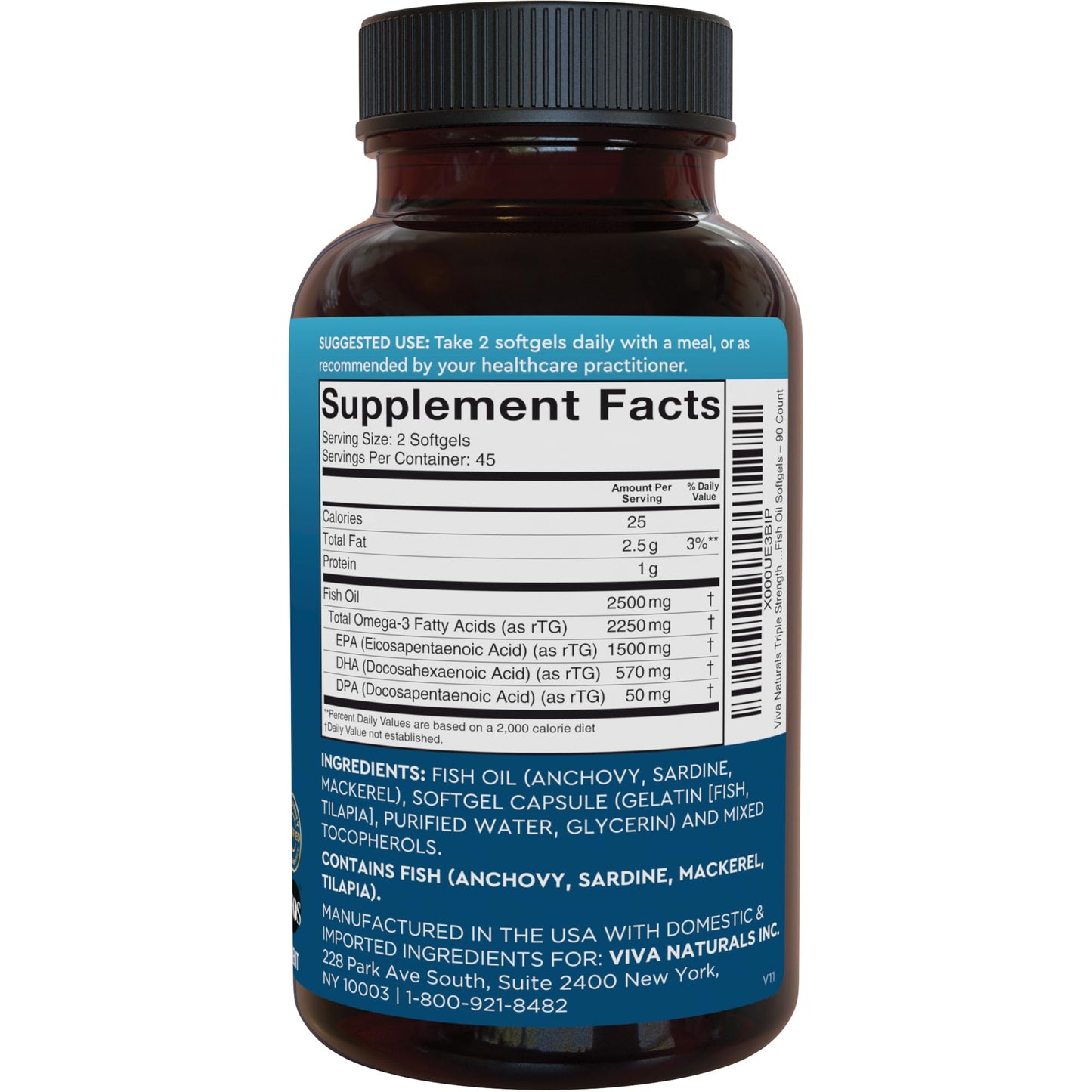 Viva Naturals Triple Strength Omega-3 Fish Oil - 2250 mg Omega-3, 90 Softgels, IFOS Certified