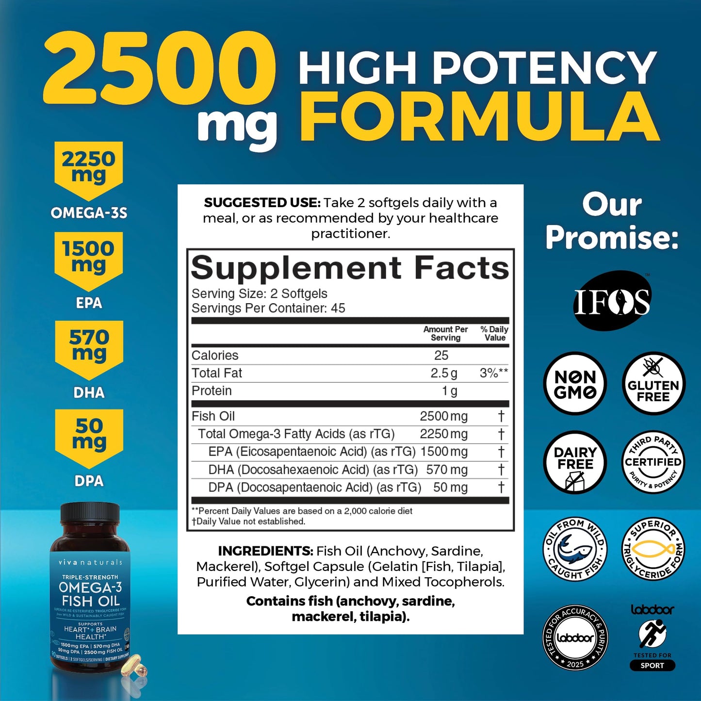 Viva Naturals Triple Strength Omega-3 Fish Oil - 2250 mg Omega-3, 90 Softgels, IFOS Certified