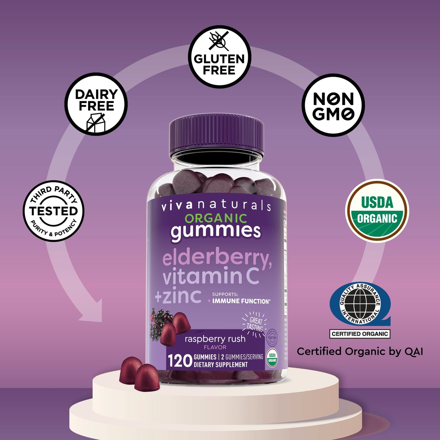 Viva Naturals Sambucus Elderberry Gummies for Adults – 120 Count | Immune Support