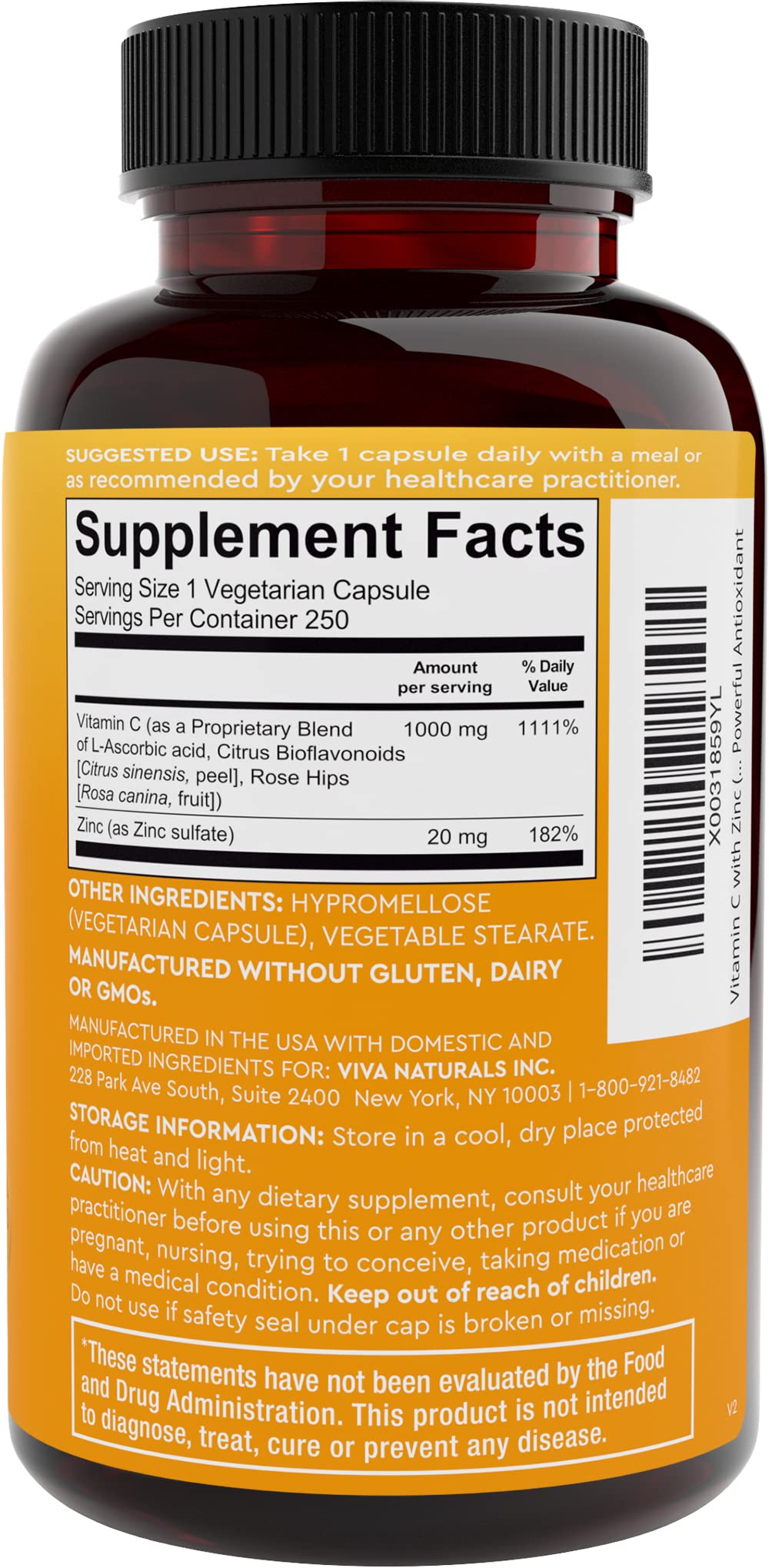 Viva Naturals Vitamin C 1000mg + Zinc 20mg – Immune Support, 250 Veggie Capsules