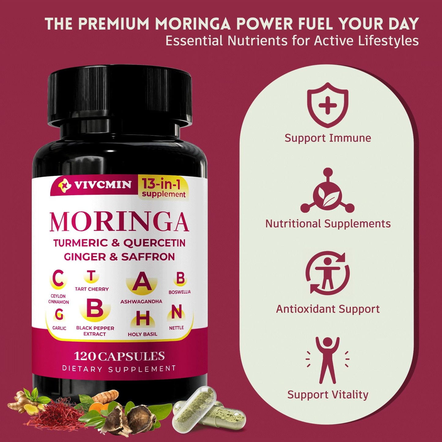 vivcmin 2-Pack Moringa Capsules 1000 mg | Turmeric, Ginger, Quercetin, Saffron | 240 Caps