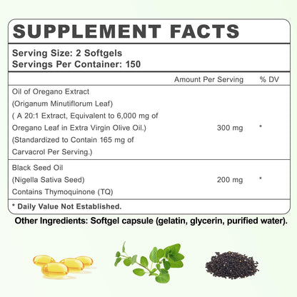 vivcmin Oregano Oil 300 Softgels – 6000mg Oregano Oil with Black Seed Oil | Immune & Digestive Support | Non-GMO | 150 Days Supply