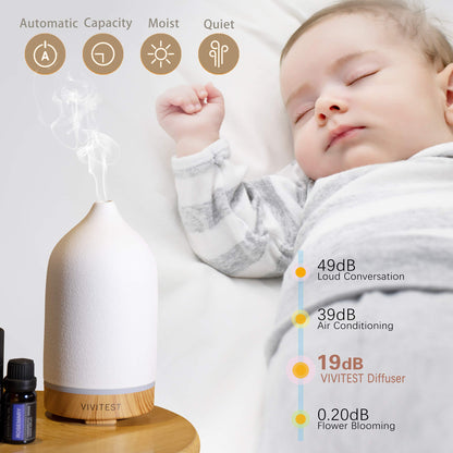 VIVITEST 200ml Ceramic Essential Oil Diffuser | Ultrasonic Aromatherapy Diffuser for Home