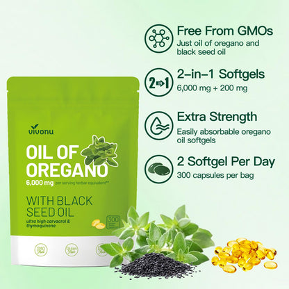 VivoNu Oil of Oregano with Black Seed Oil – Balanced Oregano Capsules (Non-GMO)