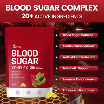 VivoNu Blood Sugar Complex – Advanced 20-Herb Formula with Cinnamon & Turmeric | Vegan, Non-GMO, Gluten-Free (240 Softgels)