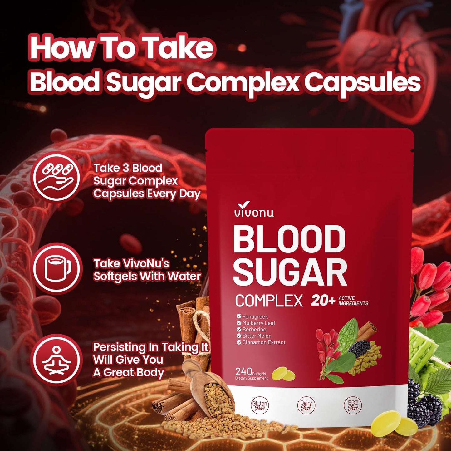 VivoNu Blood Sugar Complex – Advanced 20-Herb Formula with Cinnamon & Turmeric | Vegan, Non-GMO, Gluten-Free (240 Softgels)