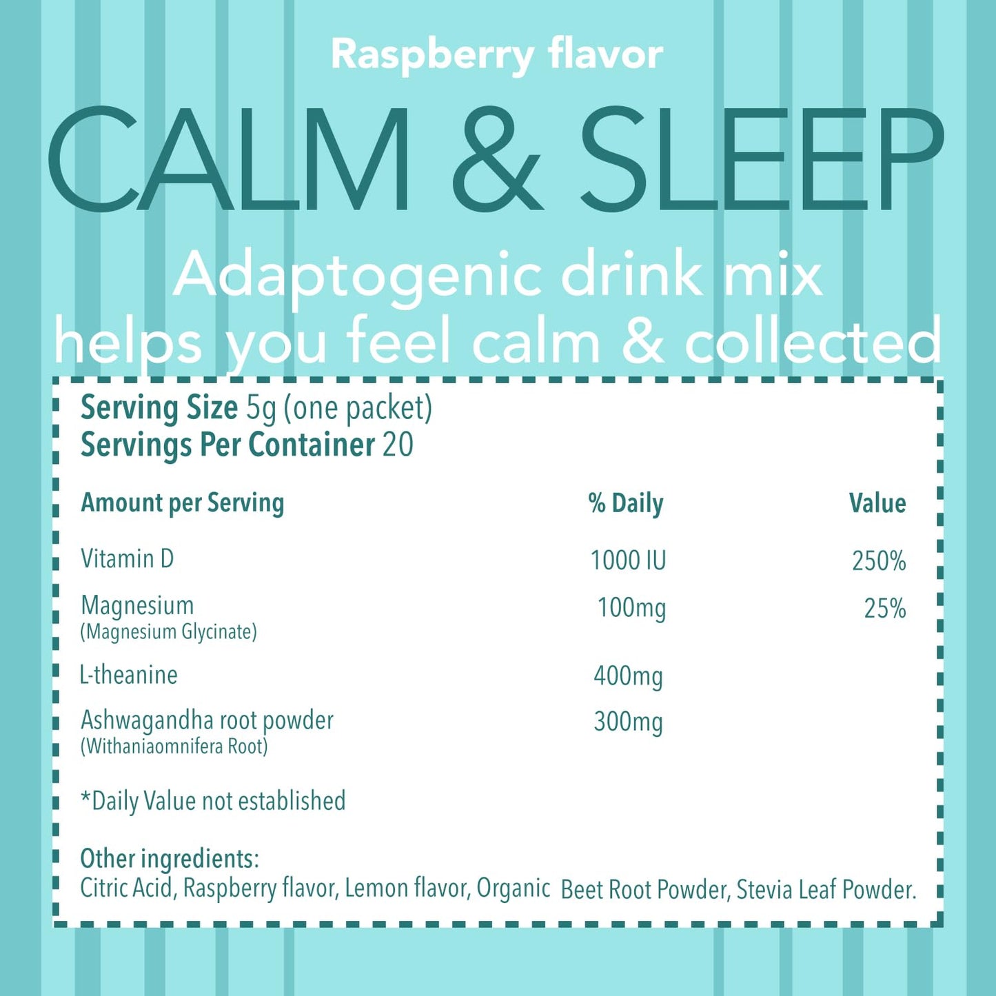 VivoNu Calm & Sleep Raspberry Powdered Drink Mix – L-Theanine, KSM-66 Ashwagandha, Magnesium Glycinate, Vitamin D3 | No Sugar, Non-GMO, 20pcs