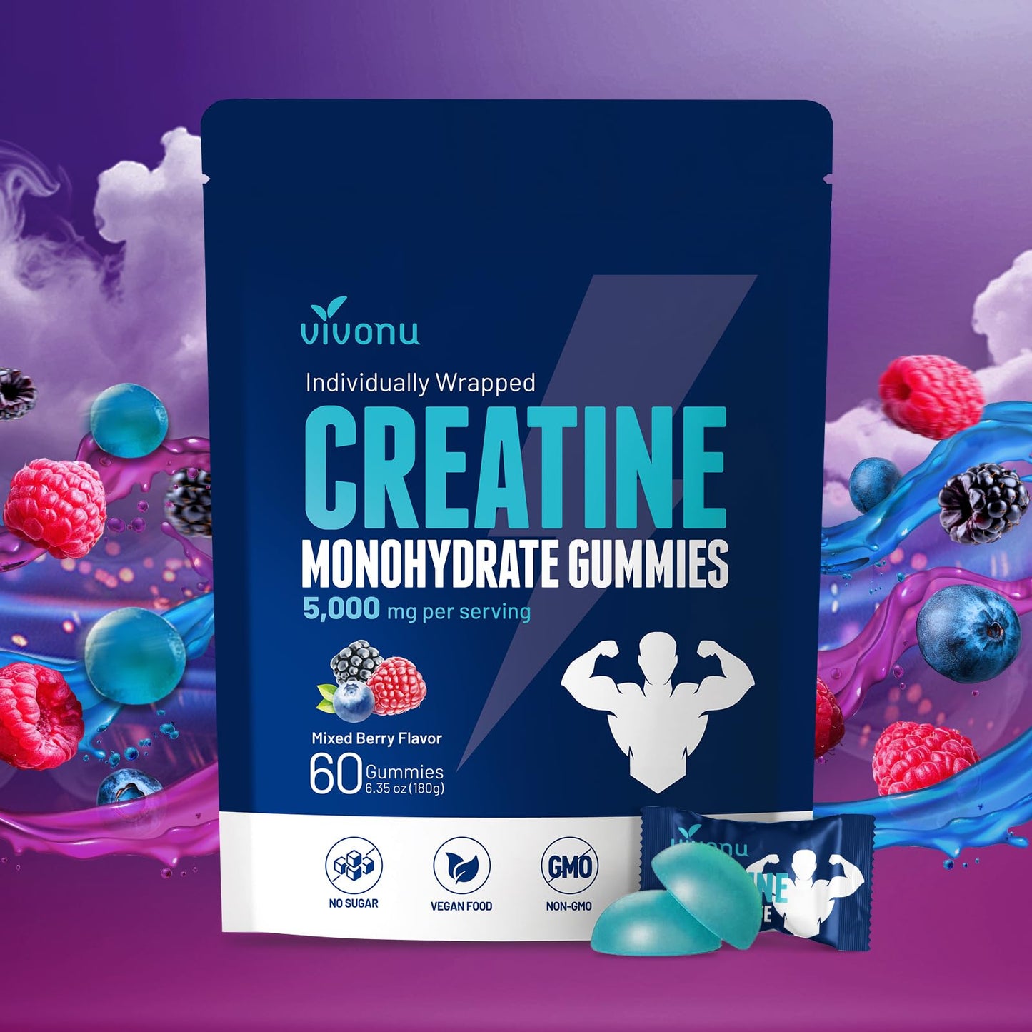 VivoNu Creatine Gummies – 5000mg Creatine Monohydrate Per Serving