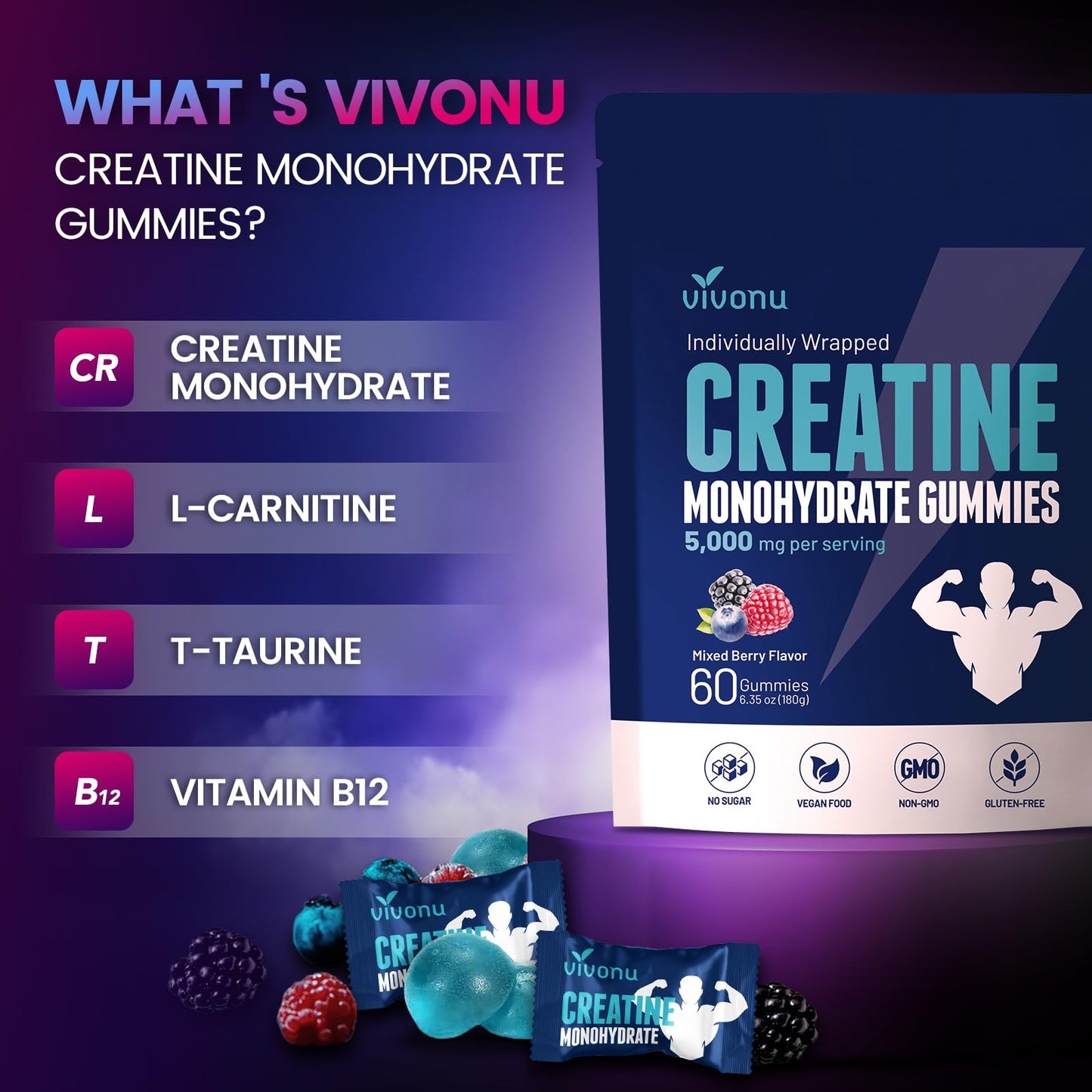 VivoNu Creatine Gummies – 5000mg Creatine Monohydrate Per Serving